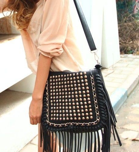 WOMENS FUNKY STUDDED FRINGE HANDBAG SHOULDER BAG MESSENGER BAG