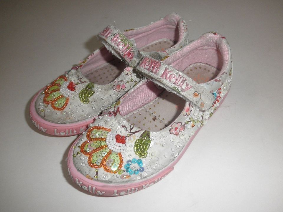 Lelli Kelly White Pink Bead Floral Mary Jane Shoes Sneakers Girls Sz 
