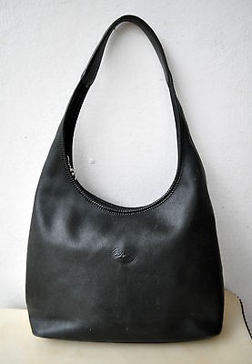 Vintage Longchamp Paris Black Leather Handbag Shoulder Bag Made France 