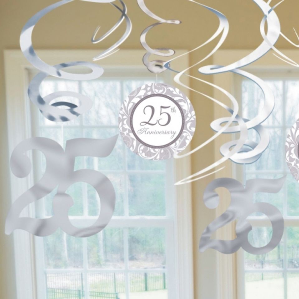 12 x 25th ANNIVERSARY SILVER WEDDING FOIL HANGING SWIRL DECORATIONS 