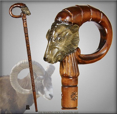 RAM TOP FOLK ART NATURAL HANDLE WOOD CARVED CRAFTED WALKING STICK CANE 