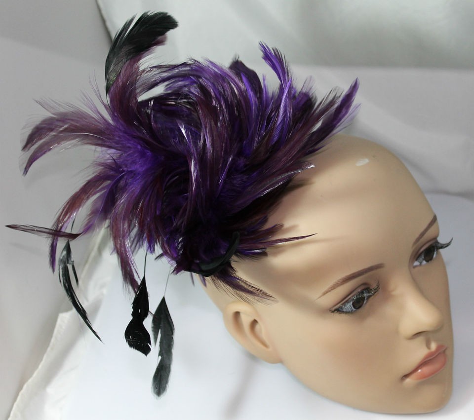 BIG PURPLE BLACK SPIRAL Feather PIN CLIP Fascinator Corsage ASCOT RACE 