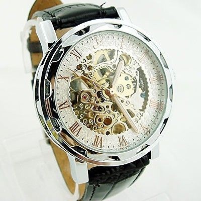Mens Gents Skeleton Watch Automatic Mechanical Black Leather Gift