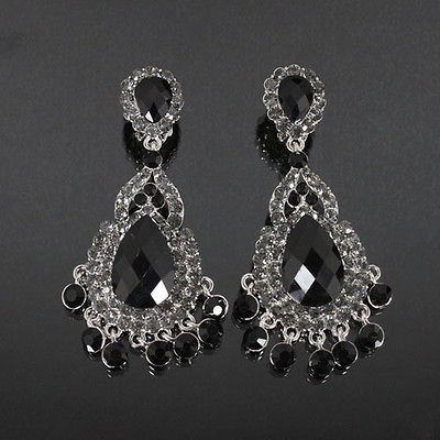 LARGE BLACK CHANDELIER RHINESTONE DANGLE CLIP ON EARRINGS 3 1/2