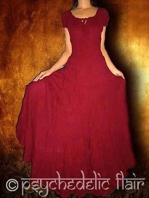 LONG & FULL SUN DRESS PEASANT BOHO HIPPIE GYPSY CASUAL BURGUNDY RED 