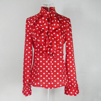   Chiffon Ruffle Front high neck polka dot Print Top Shirt Blouse J