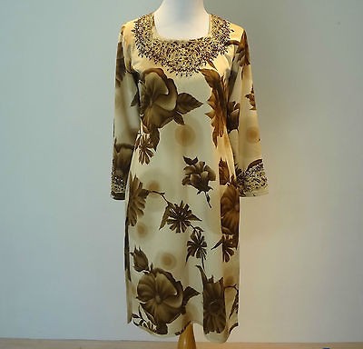 Vtg 1960s Beaded Floral Tunic Dress w/ Rhinestones & Embroidery Beige 