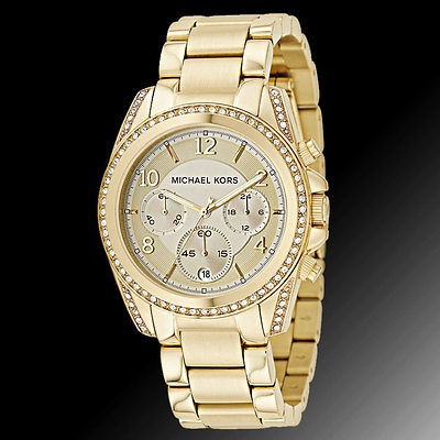 New Michael Kors MK5166 Mid Size Gold Runway Glitz Blair Chronograph 