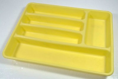 VINTAGE PLAS TEX YELLOW 11 x 15 FLATWARE UTENSIL CADDY TRAY HOLDER 