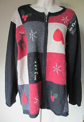   Sweater 1X Extra Large Patchwork Zipper Cardigan Snowflake Tree Moose