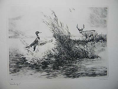 Palenske signed print Heads Up Deer watching malard take flight