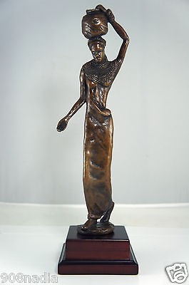 BRONZART UK BRONZE FIGURINE STATUE WOMAN W/BASKET,WOODEN STAND,SIGNED