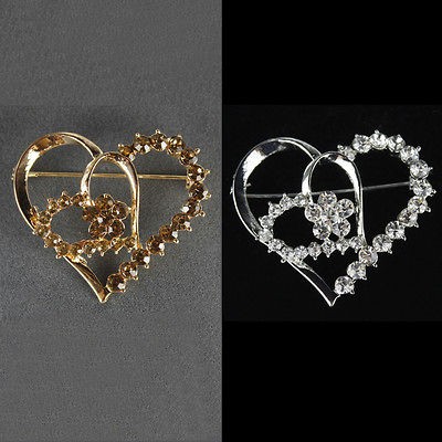 WHOLESALE LOT OF 6 PCS RHINESTONE DOUBLE HEARTS BROOCH PIN #BH050