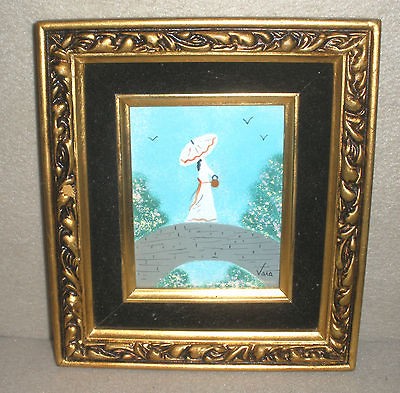 ENAMEL ON COPPER ART Woman on Bridge w/Parasol BY LISTED ARTIST VARA