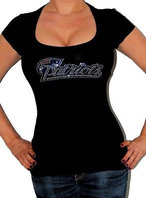 NEW ENGLAND BLK STRETCHY PATRIOTS STRETCH FOOTBALL RHINESTONE T SHIRT 