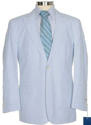 300 Paul Fredrick 48R Blue White Seersucker Cotton One Button Summer 