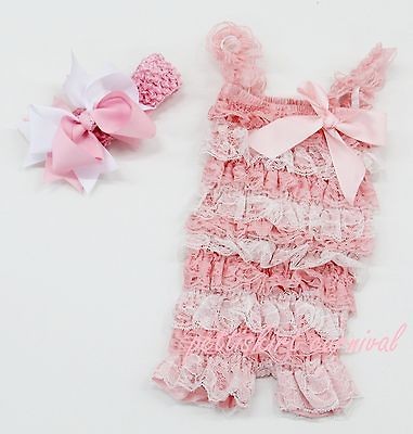 Newborn Baby Girls Light Pink White Lace Petti Rompers Straps Bow 