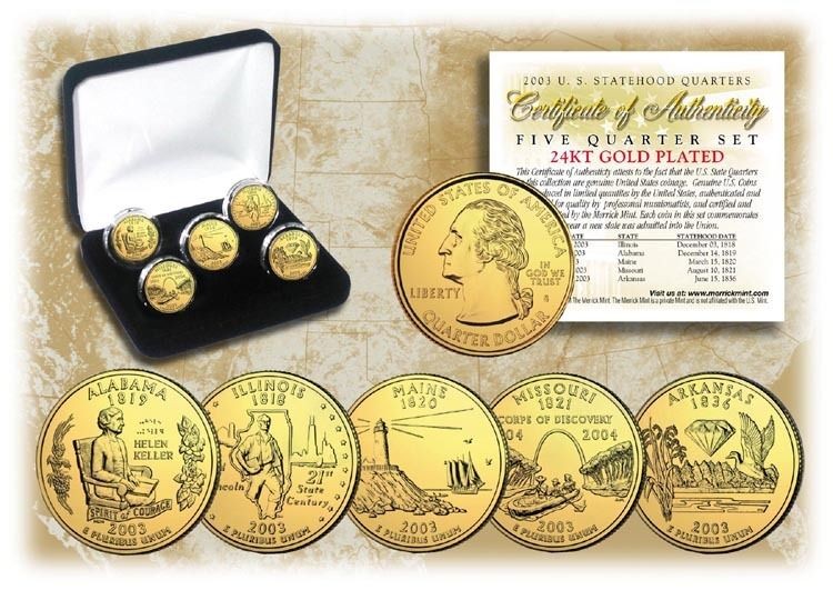 INDALO  US. 2003. Five Quarter Set 24 Kt Gold Plated. Original Case 