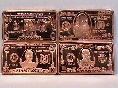 LOT X 4 1 TROY OZ COPPER .999 FINE RARE 1 100 500 1000 DOLLAR BILL 