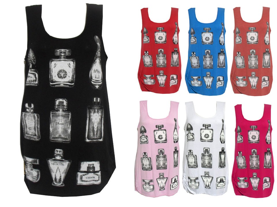 NEW WOMENS JERSEY PERFUME BOTTLES PRINT RACER BACK TANK TUNIC TOP VEST 