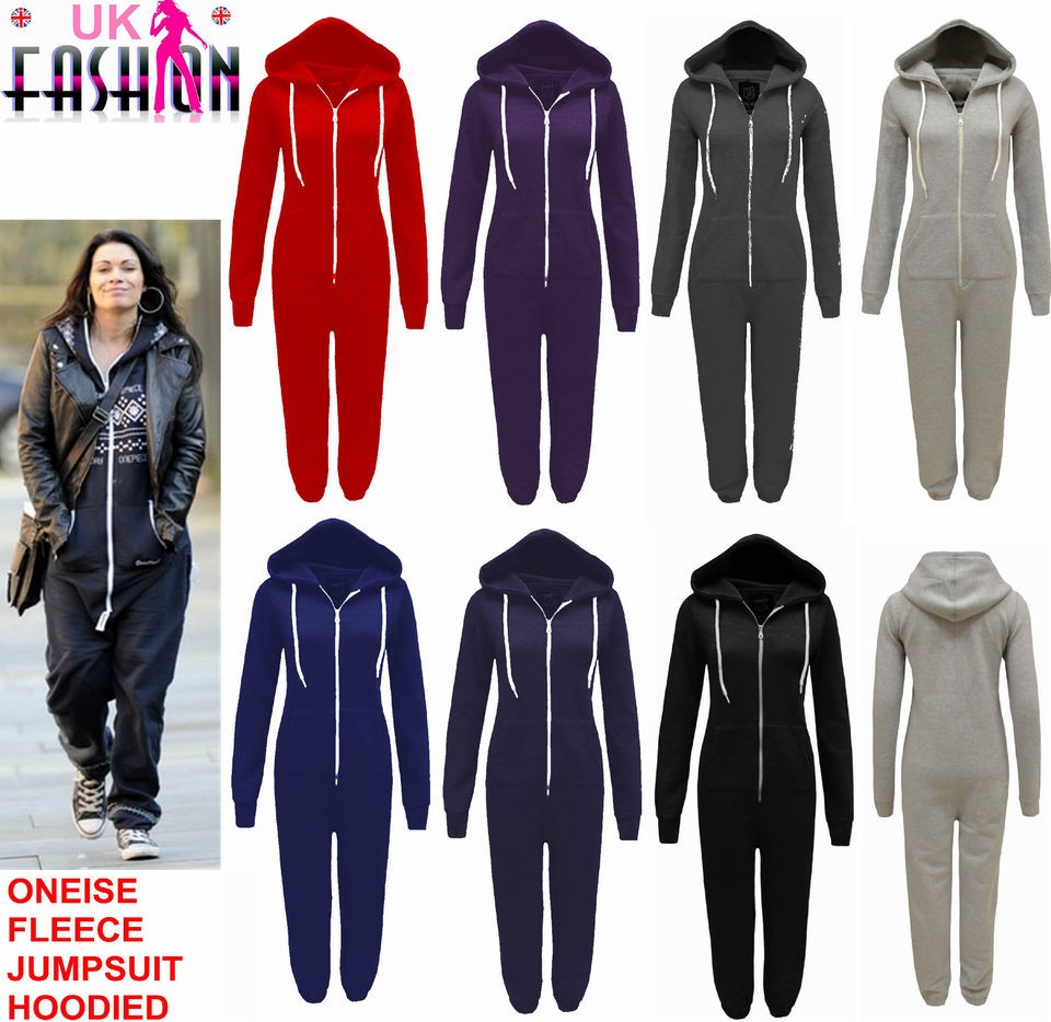 LADIES PLAIN ONE PIECE HOODY WOMENS ALL IN ONE ZIP ONESIE HOODIE 