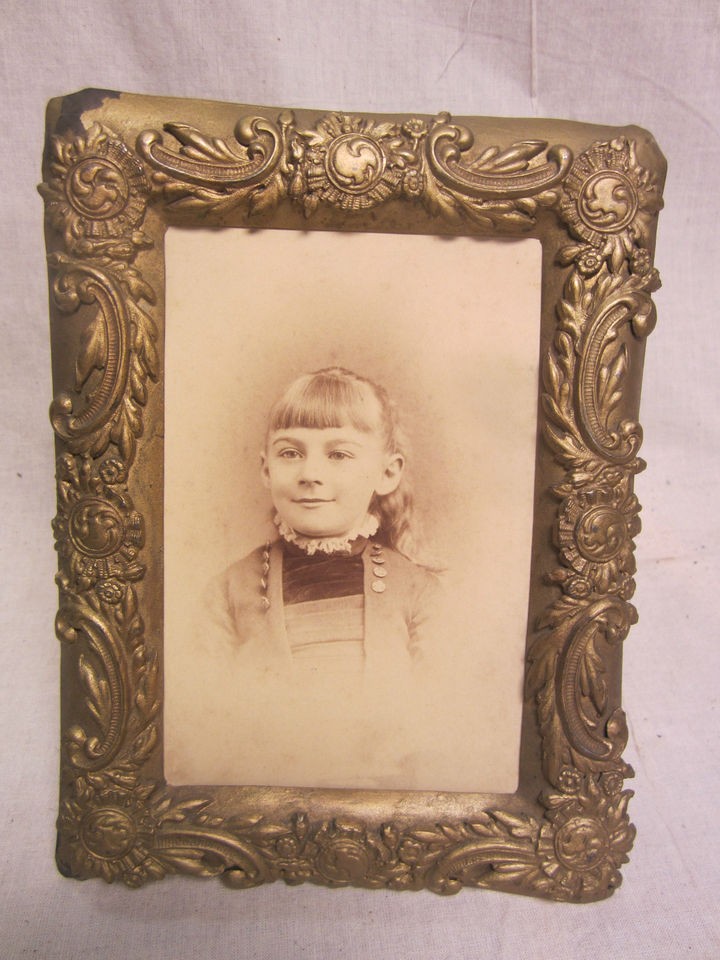 19c Victorian Metal Picture Frame with Cabinet Photo of Young Girl 