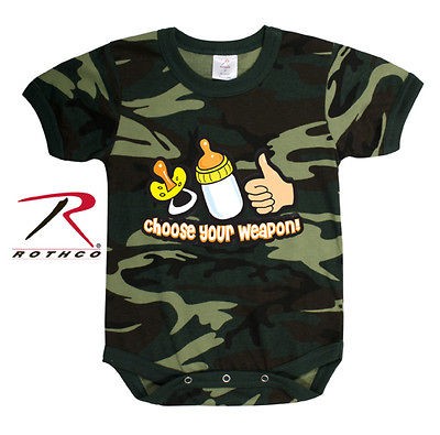 CHOOSE YOUR WEAPON WOODLAND CAMO Funny Kids One Piece Bodysuit Onesie 