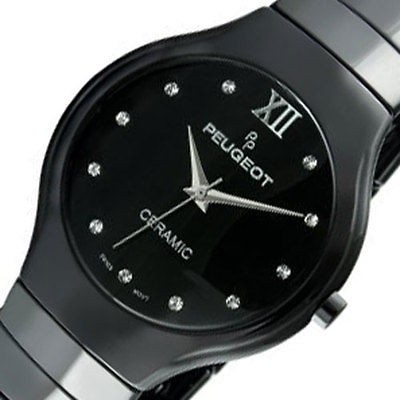 Womens PEUGEOT Swiss Black Ceramic Bracelet Watch Crystals PS4898BK