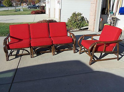   Retro Mid Century Danish Modern Three Piece Bamboo Sectional and Chair