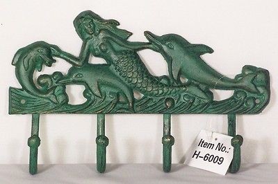 Mermaid Dolphin 4 Hook Metal Tropical Coat Leash Key Door Rack Green 