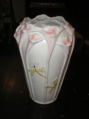   Faiancas Alcobaca Portugal Pink Flowers & Dragonfly Vase