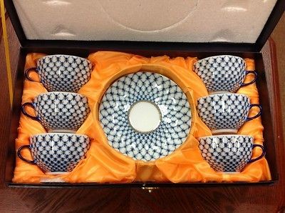 nib russian lomonosov design cobalt net tea set for 6  115 