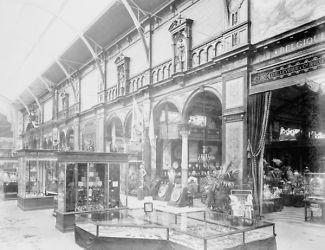 1889 photo Belgian exhibit, displaying pottery and decorative arts 