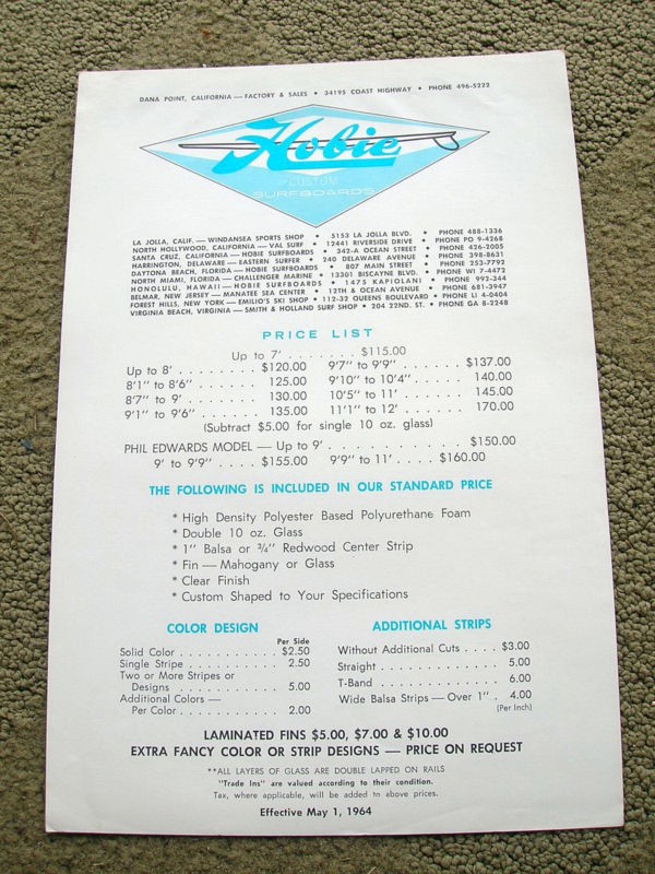 vintage surfboards hobie price list surfboard 1960s 