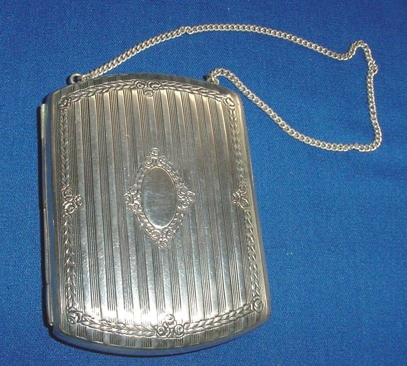 ART DECO SILVERPLATE SOVEREIGN CASE BAG PURSE COMPACT MIRROR MARABOU 