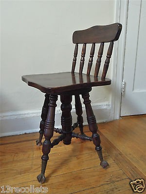 Vintage Piano Stool Chair Wooden Shabby Oak Rustic Hardwood Glass Claw 