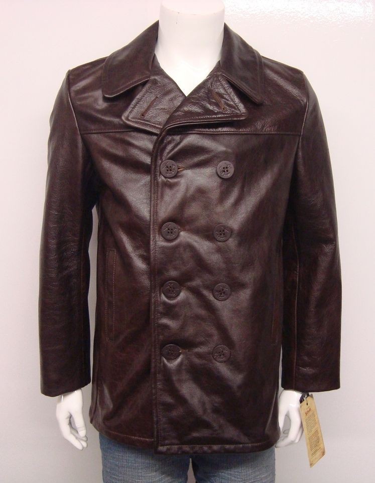 SCHOTT NYC MENS COWHIDE LEATHER FITTED PEACOAT JACKET BROWN SELECT 