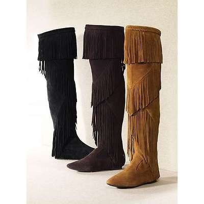 Sam Edelam Uri Fringe Tall OTK Over the Knee Mocassin Boots Brown 