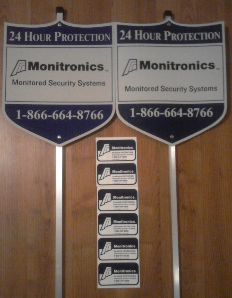 AUTHENTIC MONITRONICS SECURITY ALARM SYSTEM YARD SIGNS & 6 WINDOW 