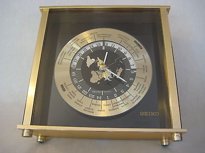 SEIKO GMT WORLD TIME SHELF MANTEL BRASS CLOCK, #QQZ885A, 8.5 X 8.5 X 