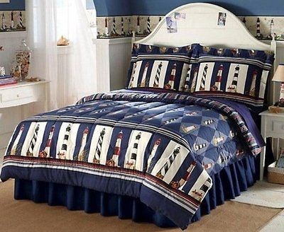   Lighthouse Decor Reversible Stripes & 2 Shams Comforter Nautical Decor