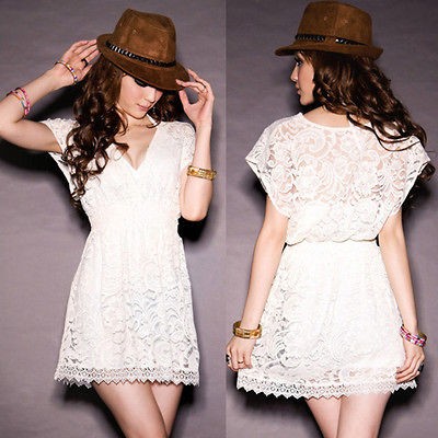 Womens Lovely See through Stylish Deep V neck Lace Tunic White Mini 