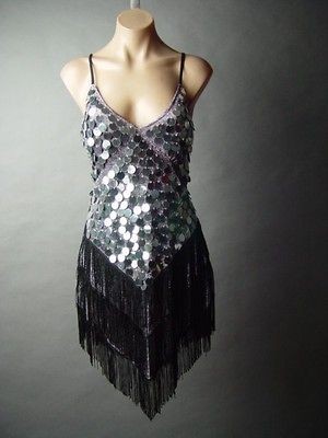 Silver Paillette Sequin 20s Flapper Tiered Fringe Evening Party Slip 