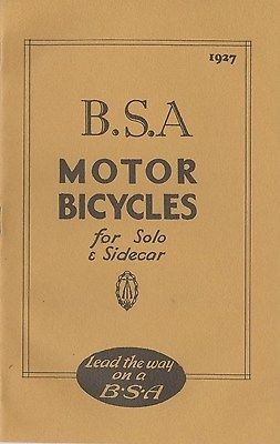 1927 BSA MOTOR BICYCLES FOR SOLO AND SIDECAR CATALOG   REPRODUCTION