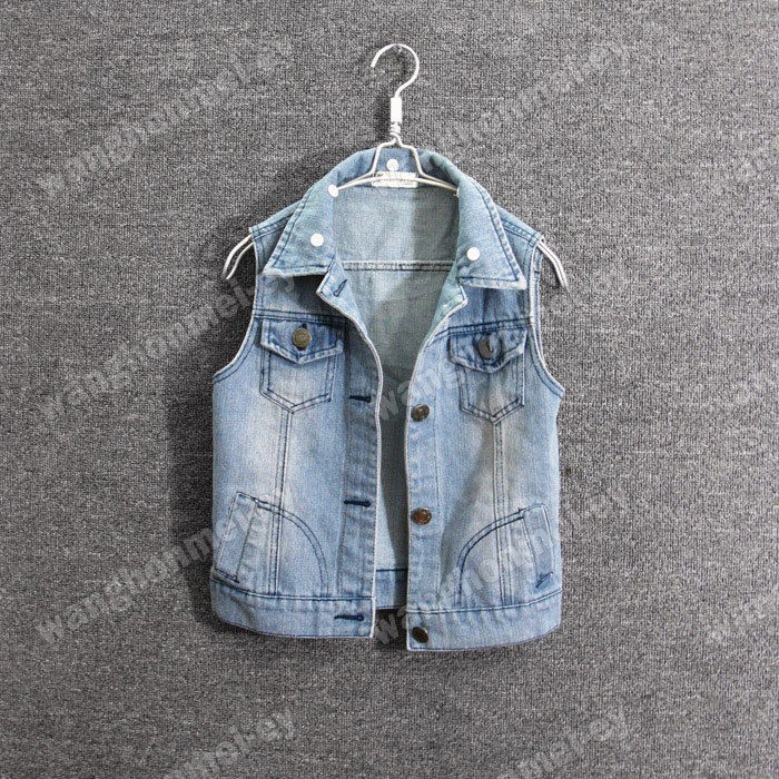 Womens Vintage Washed Blue Denim Hooded Vest Sleeveless Jacket