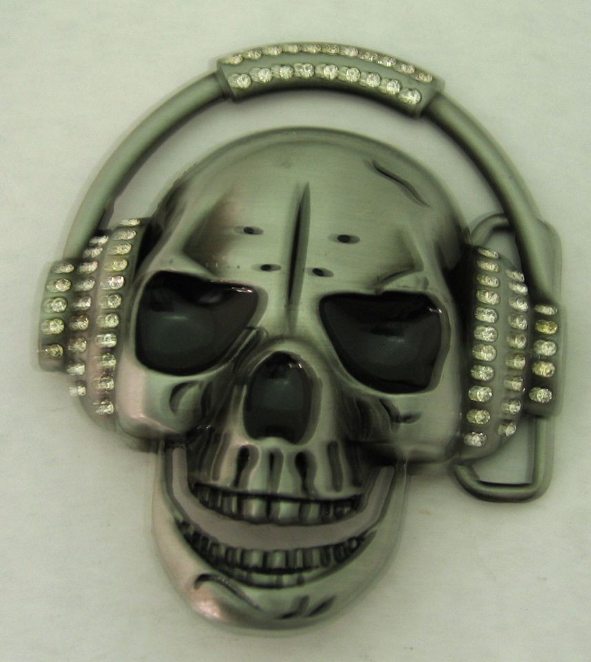 SKULL WITH RHINESTONE HEAD PHONE ANTIQUE BELT BUCKLE HEBILLA BOUCLE DE 