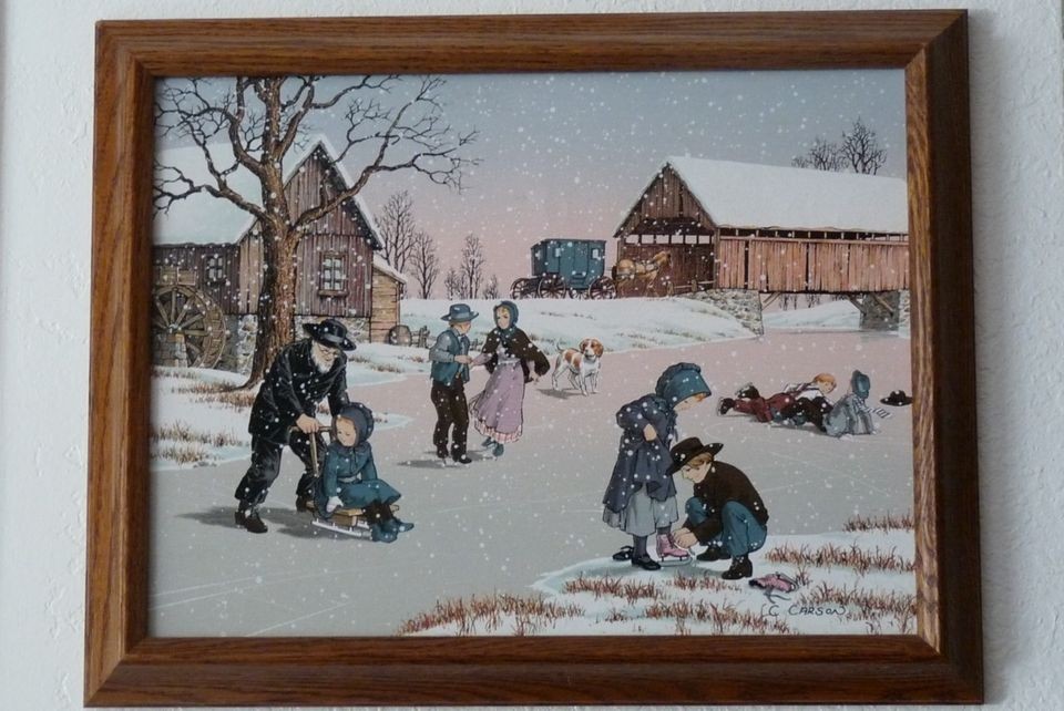 amish countryside sledding ice skating framed art c carson time