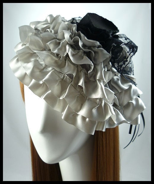 Grey Victorian Dramatic Steampunk Cosplay Ruffle Top Hat Hair Headband 