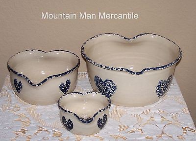 Marshall Pottery Blue Heart Spongeware Nesting Bowls signed by Bill 