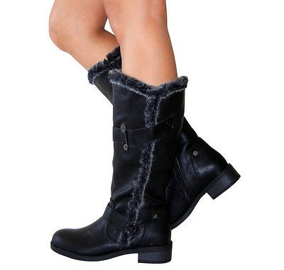 Faux Fur Trim Strap Buttons Rivets Detail Knee High Flat Rider Boots 